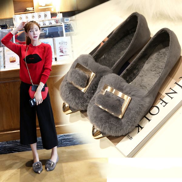 

metal pointed toe fur shoes woman metal square buckle decoration shallow loafers hair ballet flats warm chaussures female, Black