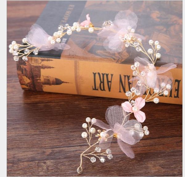 

pink hair ribbon with gold thread simple euramerican hair ornament bride headdress and wedding dress accessories, Slivery;golden