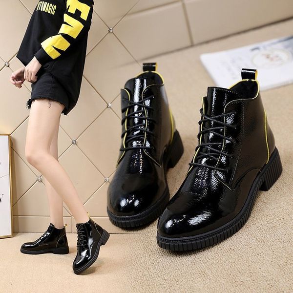 

short boots woman 2019 season boots women's shoes england wind patent leather with comfortable woman, Black