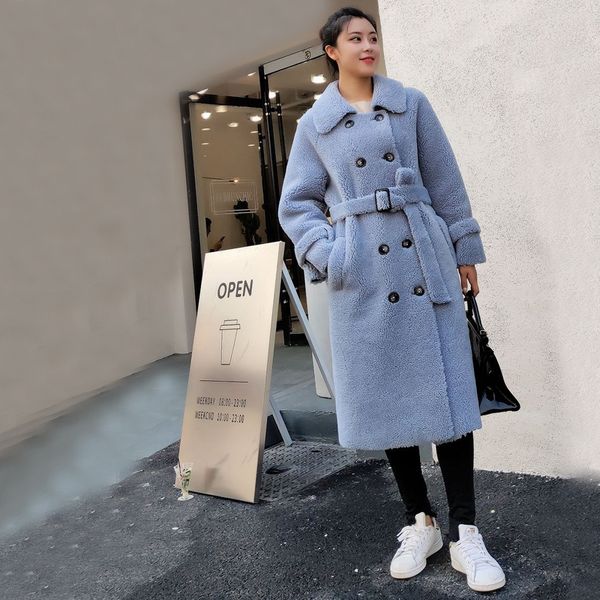 

women long winter warm sheep wool coat natural sheep fur casual jacket long belt button overcoat plus size outwear ksr684, Black