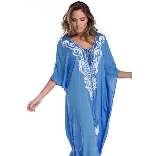 

summer beach dress ladies tunics pareo large size swimsuit cover up womens tunic beachwear women light blue cotton embroidered, Blue;gray