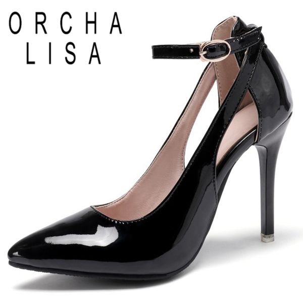 

orcha lisa woman spring autumn elegant pump pointed toe 10cm thin high heels buckle patent leather big size 33-45 office c1821, Black
