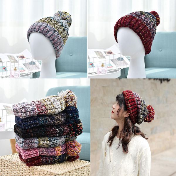 

6 colors fashion woman knitted hat outdoor travel pom pom crochet beanie cap winter warm ski hats party caps fa3021