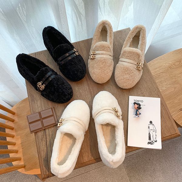 

2-belt buckle round toe cotton loafers slip on winter plush shoes woman solid brief casual comfy warm flats velvet moccasins2020, Black