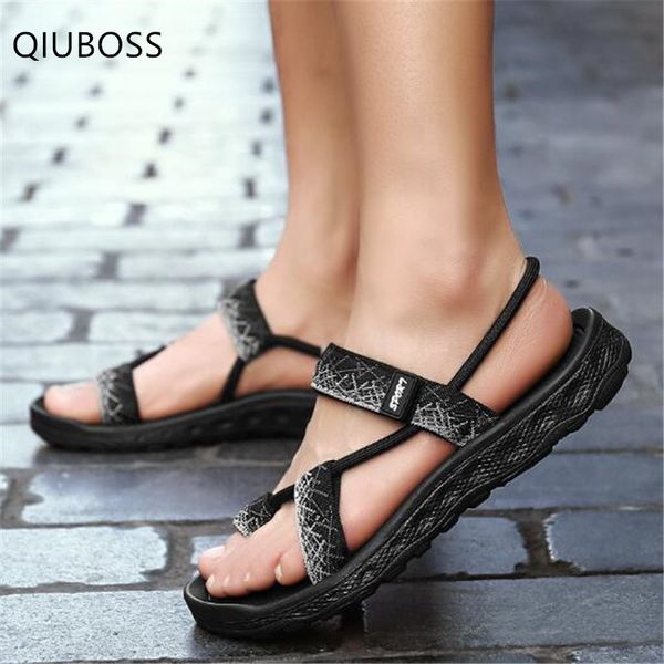 

qiuboss 2019 personality breathable roman sandals summer new men shoes clip toe hollow men's casualb non-slip flat shoes q805, Black