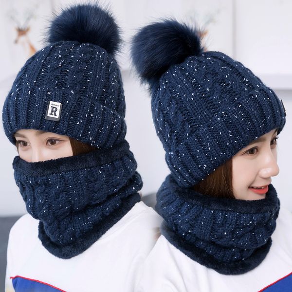 

winter brunette knitted double warm hat sweat thicker young collar sets with wool ball plush neck scarf strip beanies girls cap