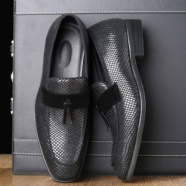

mens shoes casual leather pu bling gingham pointed toe cozy loafers for men slip on solid rubber driving shoes man, Black
