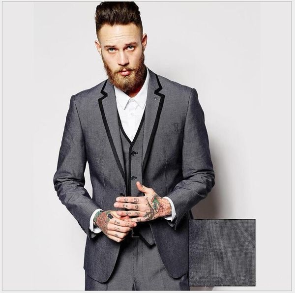 Moda Escuro Homens Grey 3 peça Terno do casamento smoking Excelente Noivo Smoking Homens de Negócios Jantar Prom Party Blazer (jaqueta + calça + gravata + Vest) 1526