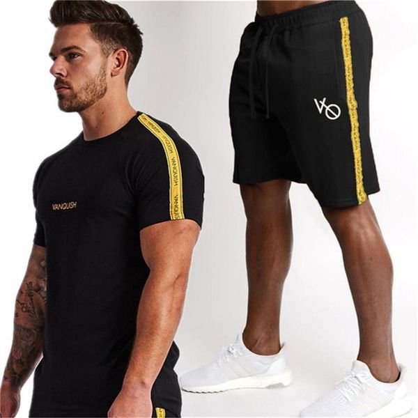 

2019 высокое качество бренд мужской футболки костюм 2 шт. случайные с коротким рукавом о-образным вырезом моды печатных хлопок футболка и шо, Gray