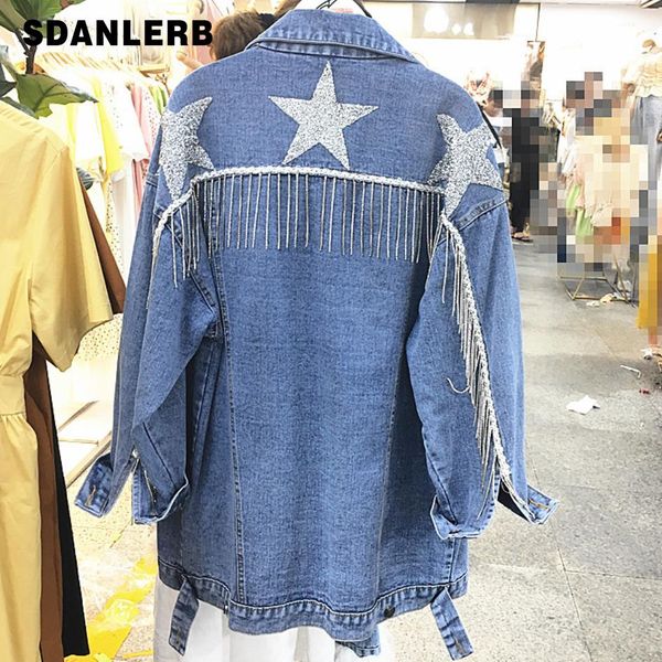 

women demin jacket 2019 autumn fashion ladies star sequined tassel loose jeans coat, Black;brown