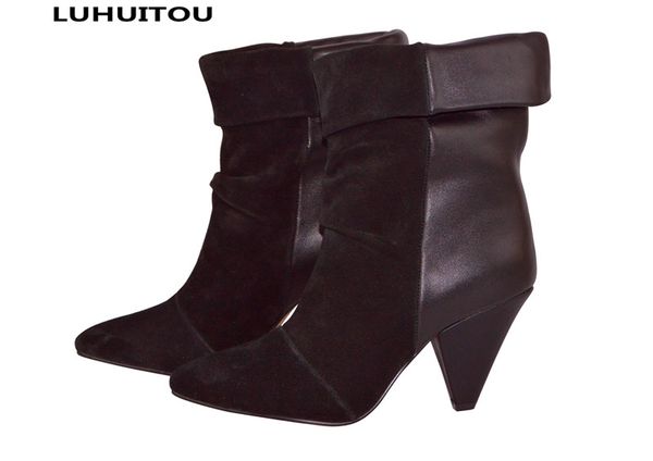 

spring fashion spike heels back to school shoes women suede fringe ankle work boots casual genuine leather cowboy motorc boots, Black