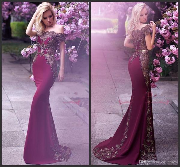 

2019 new popular grape formal evening dresses beads appliques mermaid off the shoulder prom dress with gold belt arabic celebrity vestidos, Black;red