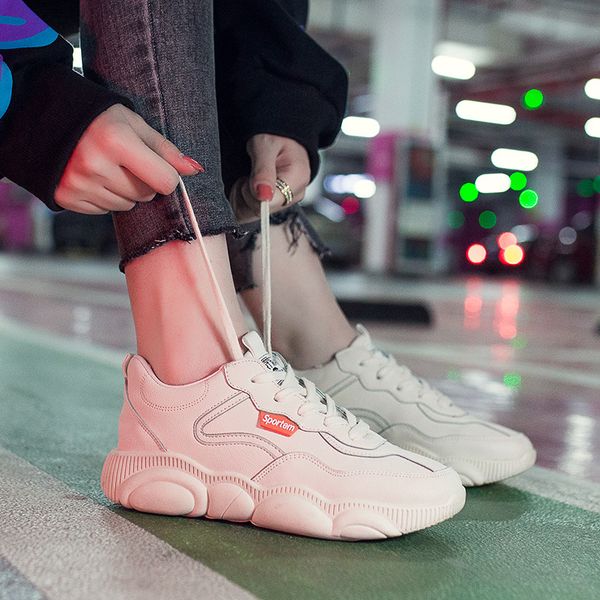 

2019 spring new style single shoes casual leather white shoes versatile comfortable dad women flat low bear, Black