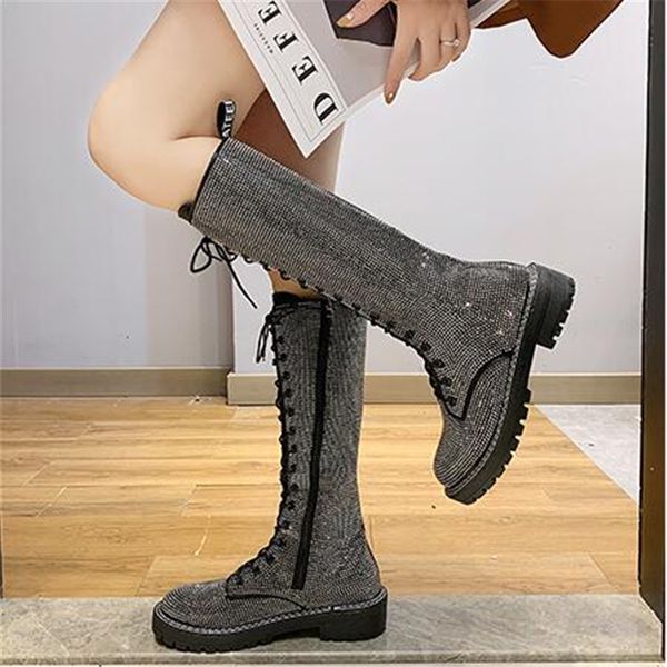

fashion women's lace-up knees high long boots bling rhinestone leather platform boots black silver
