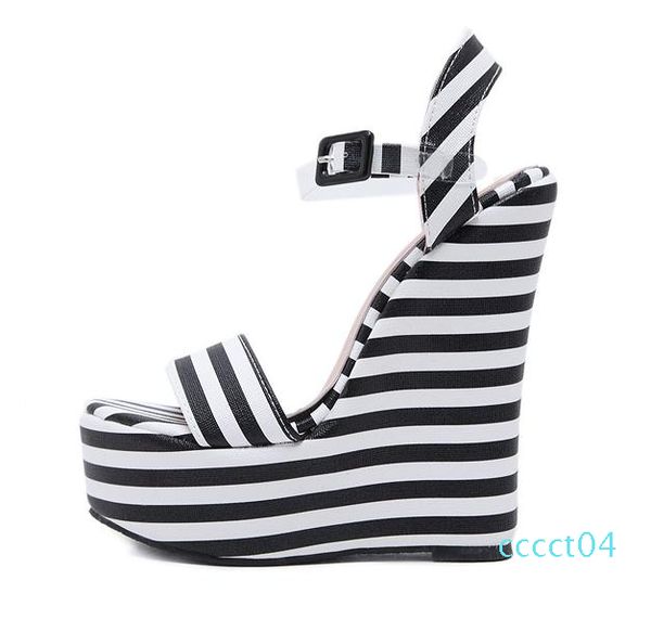 

15cm chic platform wedges sandals black white zebra striped pvc strappy shoes designer high heel size 35 to 40 ct04