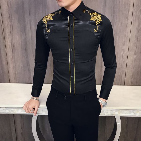 

spring fashion korean embroidered slim fit long sleeve shirt men kemeja pria spring social club prom shirt camisa masculina, White;black