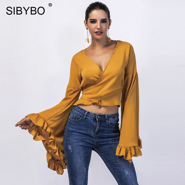 

sibybo petal sleeve autumn women blouses fashion v-neck slim long sleeve knot blouse women shirts solid casual, White