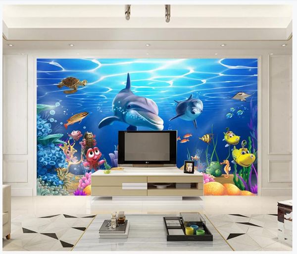 

customized 3d p silk mural wallpaper interior decoration 3d underwater underwater world aquarium tropical fish tv background wall