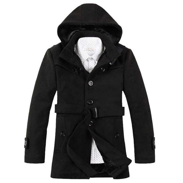 

mens wool coat thick fall winter fashion casual windproof parka blends single-breasted and belt winter warm male trench coat, Black
