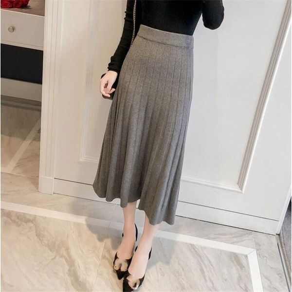 

warm knitted midi skirts women winter 2019 koreaan ladies high waist a line pleated long skirt, Black