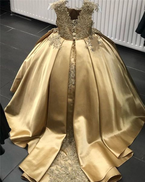 

gold flower girl dress for wedding lace applique satin kids birthday party dress pageant gown, Red;yellow