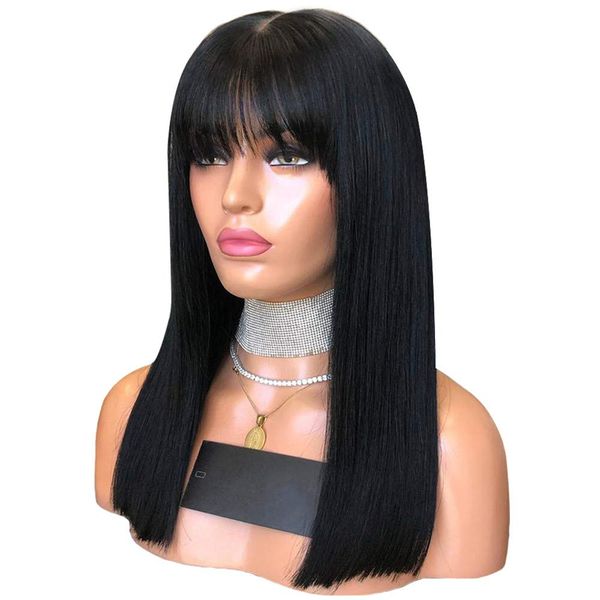 

paff 13x4 silky straight lace front human hair wigs with bangs deep part natural color lace front wig pre plucked brazilian remy, Black;brown