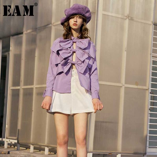 

eam] women purple bow hollow out temperament blouse new lapel long sleeve loose fit shirt fashion tide spring autumn 2020 1r998, White