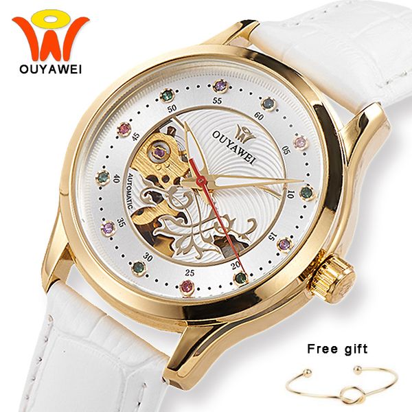 

automatic watch women ouyawei gold skeleton automatic mechanical watch for women ladies leather transparent brand wrist watches, Slivery;brown