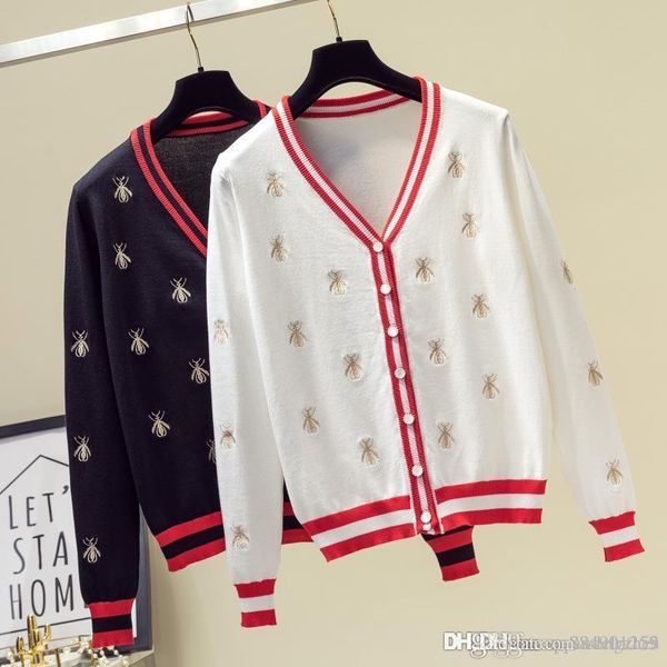 

autumn pull femme luxury women designer sweaters new v-neck embroidery bee cardigan knit cardigan women sweater size s-l, White;black