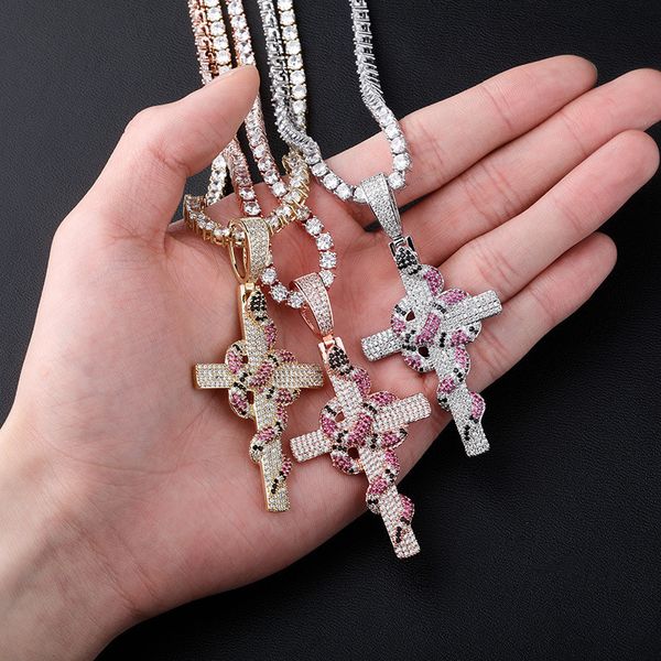 

new arrived 18k gold plated snake cross necklaces iced out cubic zircon mens hip hop jewelry gift, Silver