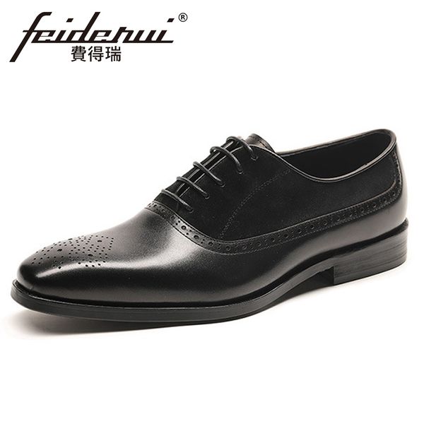 

summer carved genuine leather men's wedding oxfords pointed toe cow suede man formal dress brogue breathable party shoes hms185, Black