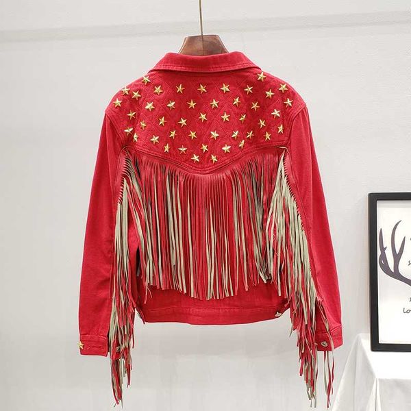 

denim women jacket 2020 autumn new spring vintage star rivet suede fringe loose coat long sleeve outerwear female boho jacket, Black;brown