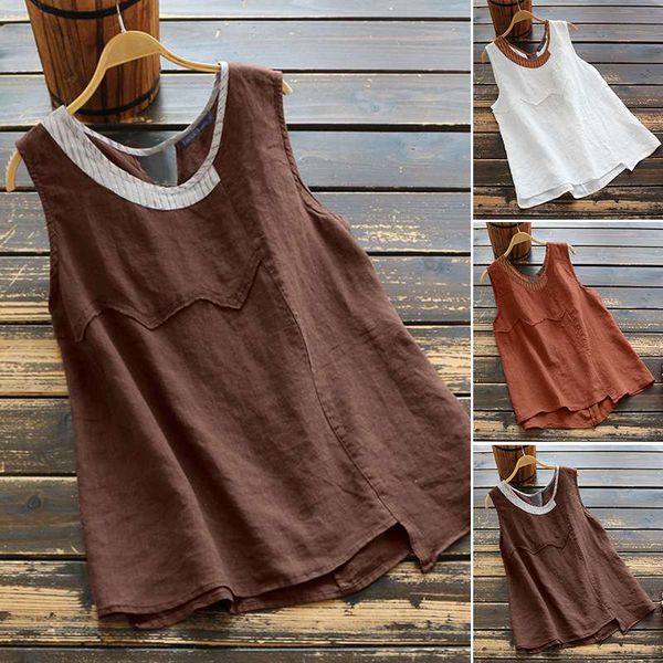

vintage cotton linen tank women's summer blouse 2020 zanzea casual sleeveless blusas female o neck plus size tunic 5xl, White