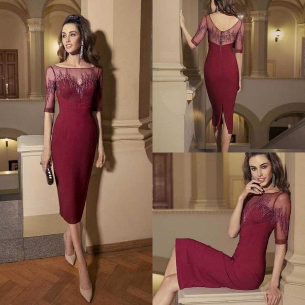 

modest sheath mother of bride dresses buttons back lace sequined prom evening gowns tea length wedding guest dress custom made, Black;red