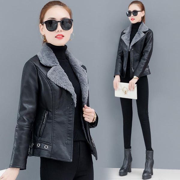 

2019 women winter warm pu leather jackets camel rabbit fur collar lady short faux leather motorcycle biker outerwear coats, Black