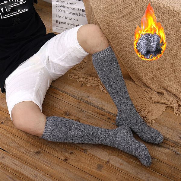 

men's new winter velvet warm winter knee high long leg terry socks cotton thicken cover calf socks, Black