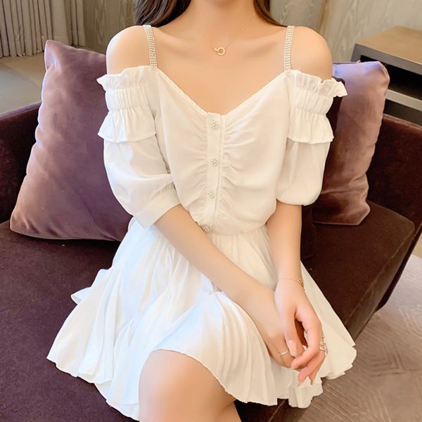 

2020 новый летний корейский сладкий комплект из двух частей сексуальный с плеча оборками топы рубашка + эластичная высокая талия мини-юбка ж, White