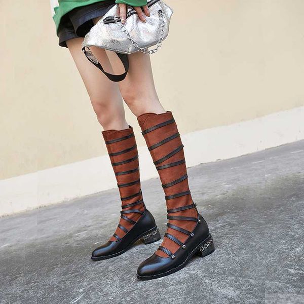 

british fashion metal rivets show thin thin strap combination flat bottom high tube riding boots large 44 45 46 47 48, Black