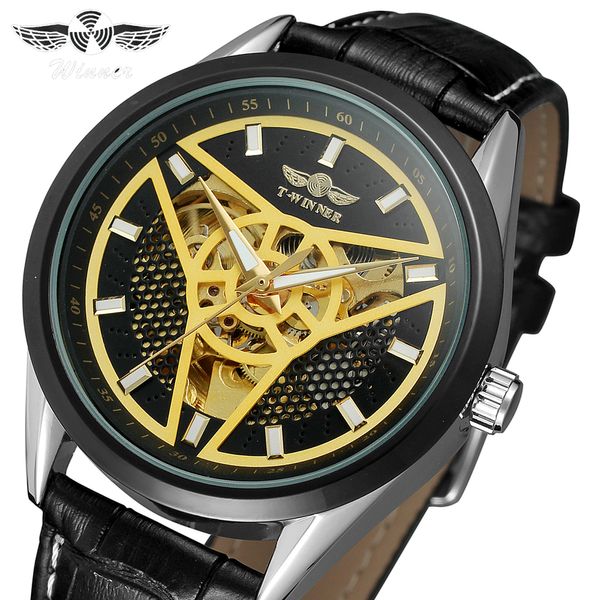 

winner brand black gold male clock men relogios skeleton mens watches luxury montre leather wristwatch men mechanical watch, Slivery;brown