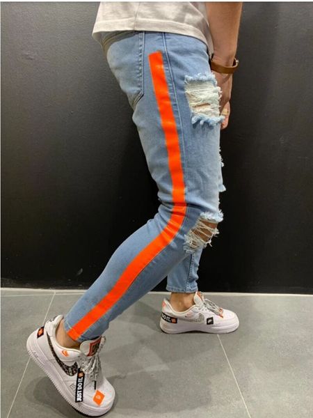 

s-3xl quality продажу мужские повседневные брюки stretch джинсы side printed отверстие карандаш брюки бесплатная доставка nk58, Blue