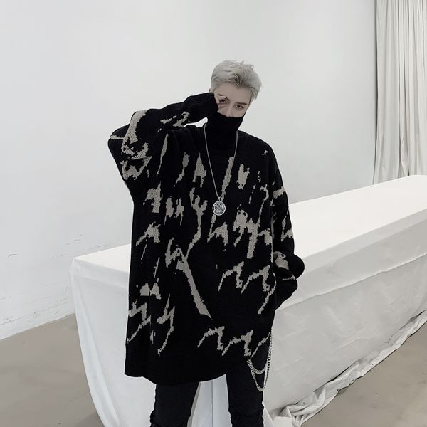 

uncledonjm men streetwear retro tie dyed pattern hip hop autumn new turtleneck oversize loose fit men's sweater autumn kk1298, White;black