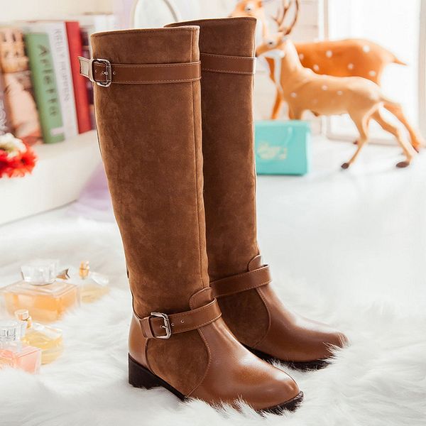 

spring autumn women boots fashion buckle knee high boots square heel round toe suede pu leather patchwork women shoes, Black