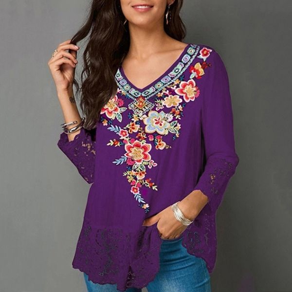 

gaoke 2020 women ethnic style bohemian blouse shirt v neck beach blusas summer casual printed boho blouses plus size, White