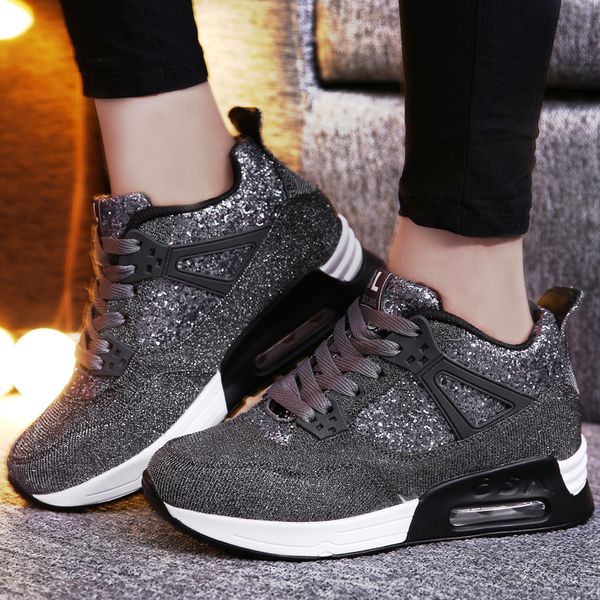 

women platform sneakers cushioning breathable mesh height increasing 7cm scarpe donna outdoor flats walking trainers ladies shoe, Black