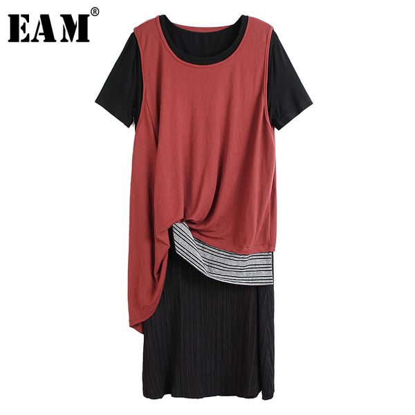 

eam] women asymmetrical split two piece dress new round neck short sleeve loose fit fashion tide spring summer 2020 1s595, Black;gray