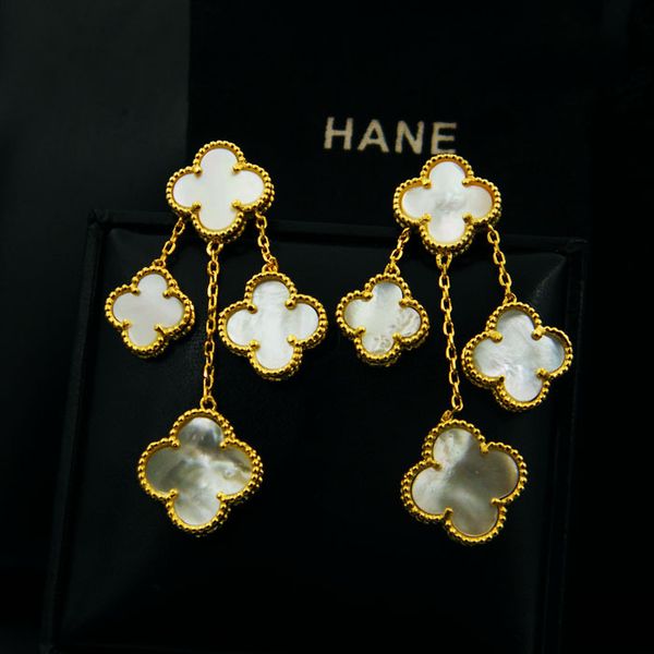 

natural shell black agate four-leaf clover four-flower earrings tassel earrings fashion designer jewelry women earrings, Silver