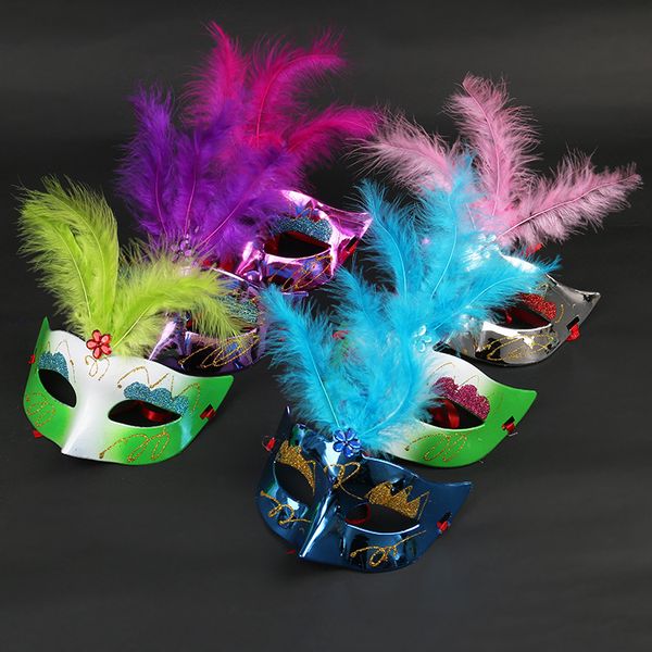 

party masks venetian masquerade mask with feather halloween mask carnival dance mask cosplay fancy wedding gift 10 colors dhl free