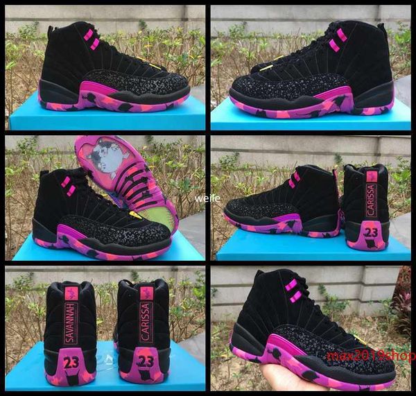 

12 xii doernbecher charitable men basketball shoes black hyper violet pink 12s db carissa sports training sneakers size us 8-13