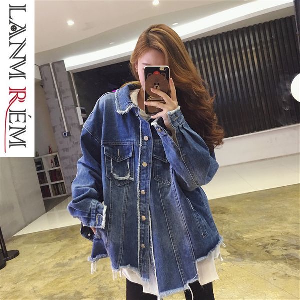 

lanmrem 2019 new spring fashion korean women clothing tassels denim jacket single breastet loose size s-xl windbreaker wd43005xl, Black;brown