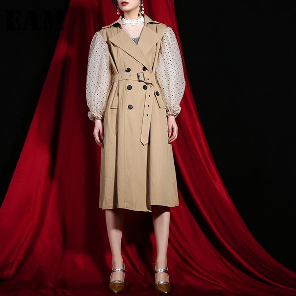 

eam] 2019 new spring lapel long puff sleeve sashes dot mesh stitching loose long big size windbreaker women coat fashion jh3, Tan;black
